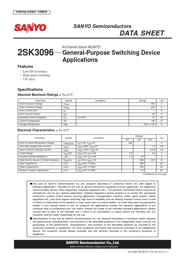 2SK3096 Sanyo Semicon Device