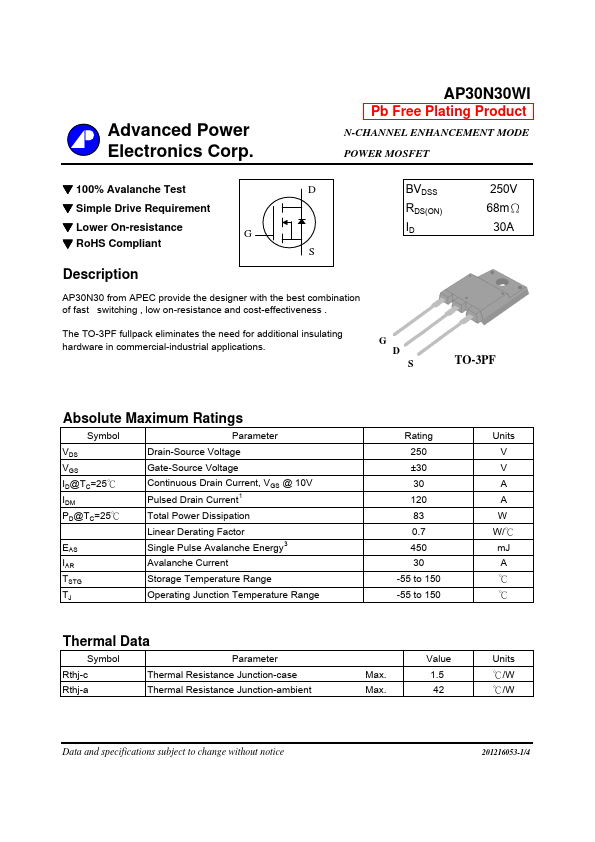 AP30N30WI Advanced Power Electronics