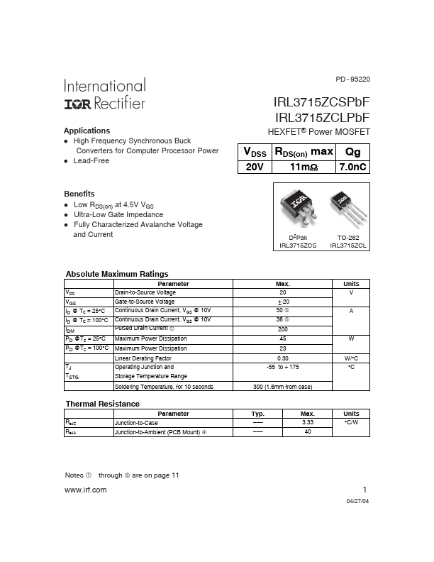 IRL3715ZCSPbF International Rectifier