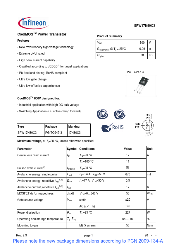 SPW17N80C3 Infineon Technologies