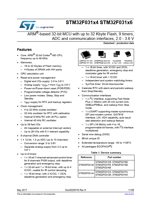 <?=STM32F031K6?> डेटा पत्रक पीडीएफ