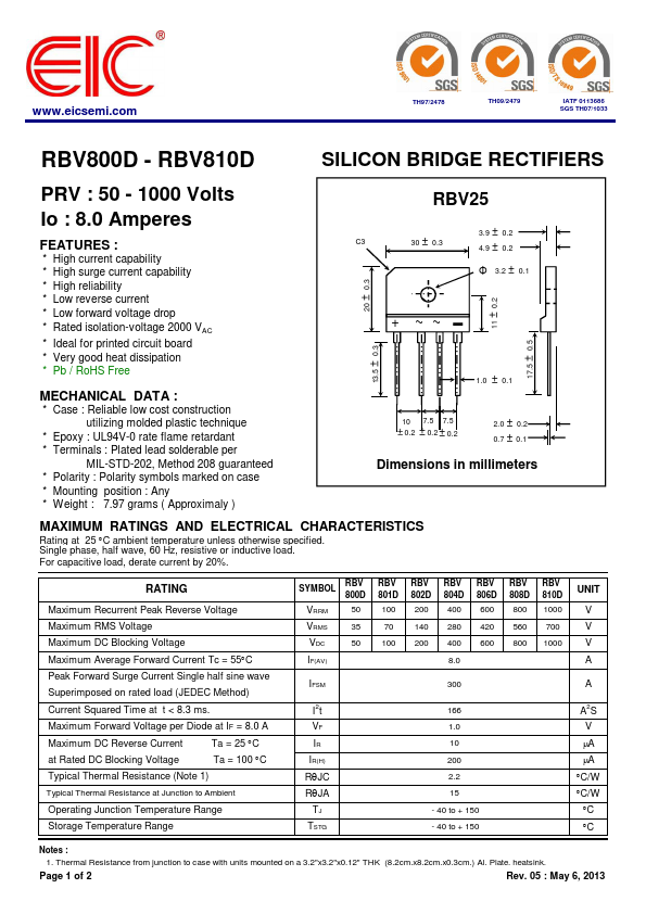 RBV801D EIC discrete Semiconductors
