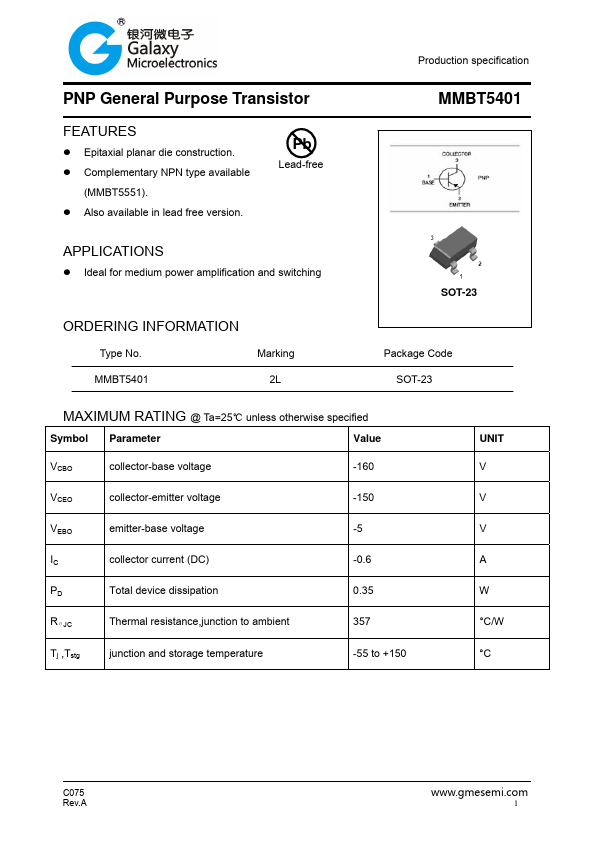 MMBT5401 Transistor Datasheet pdf - Purpose Transistor. Equivalent, Catalog