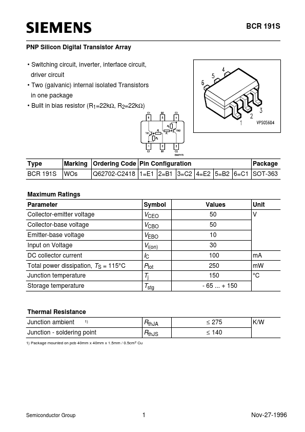 BCR191S Siemens Semiconductor Group