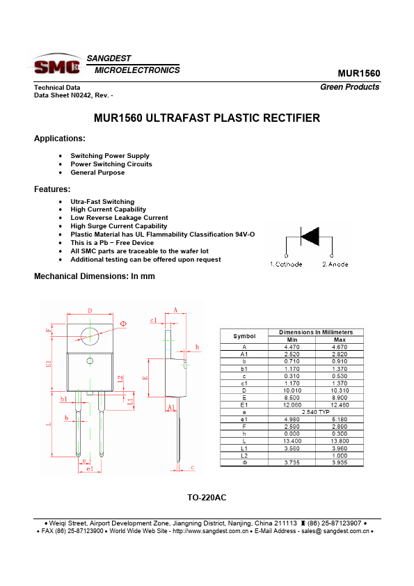 MUR1560 Datasheet, PLASTIC RECTIFIER.