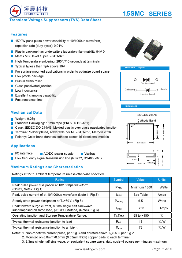 1.5SMCJ350CA LEADING-TECH