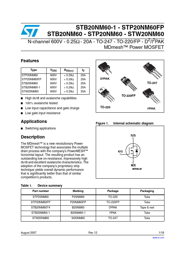 <?=STB20NM60-1?> डेटा पत्रक पीडीएफ