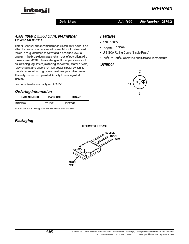 IRFPG40 Intersil Corporation