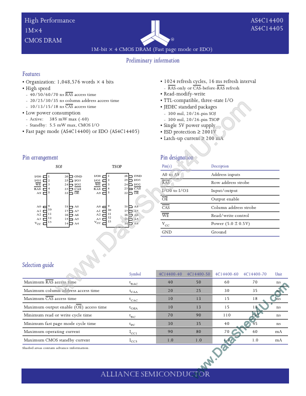AS4C14400 Alliance Semiconductor
