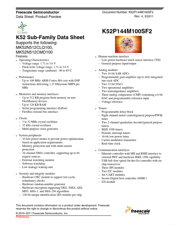 K52P144M100SF2 Freescale Semiconductor