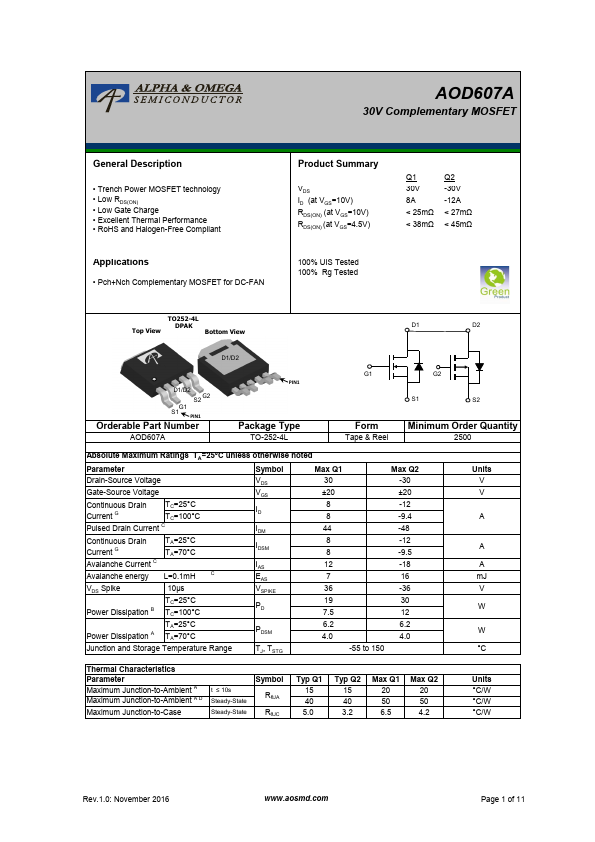 AOD607A Alpha & Omega Semiconductors