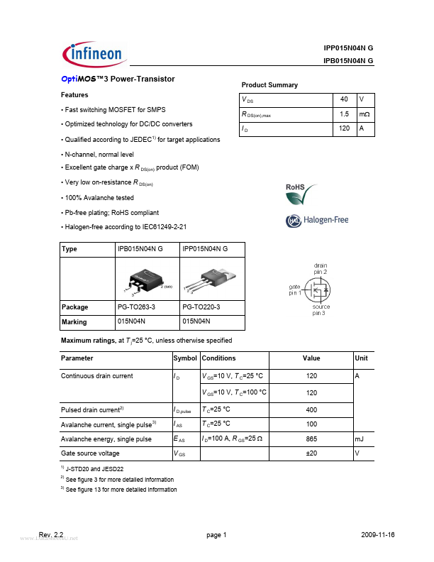 IPB015N04NG Infineon Technologies