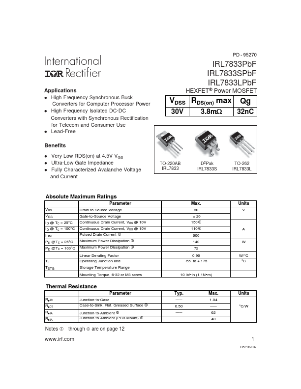 IRL7833SPbF International Rectifier