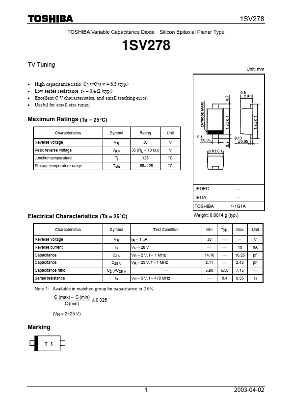 1SV278 Toshiba Semiconductor
