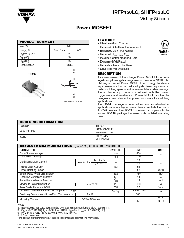 IRFP450LC Vishay Siliconix