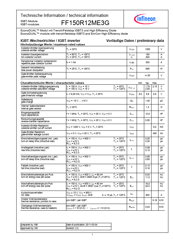 <?=FF150R12ME3G?> डेटा पत्रक पीडीएफ