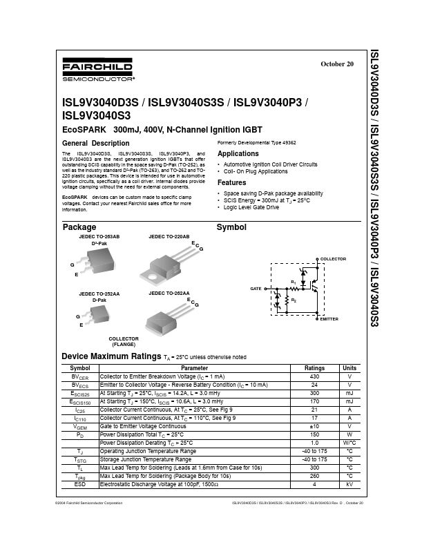 <?=ISL9V3040D3S?> डेटा पत्रक पीडीएफ