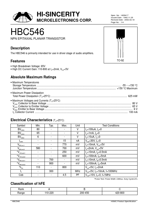 HBC546 Hi-Sincerity Mocroelectronics