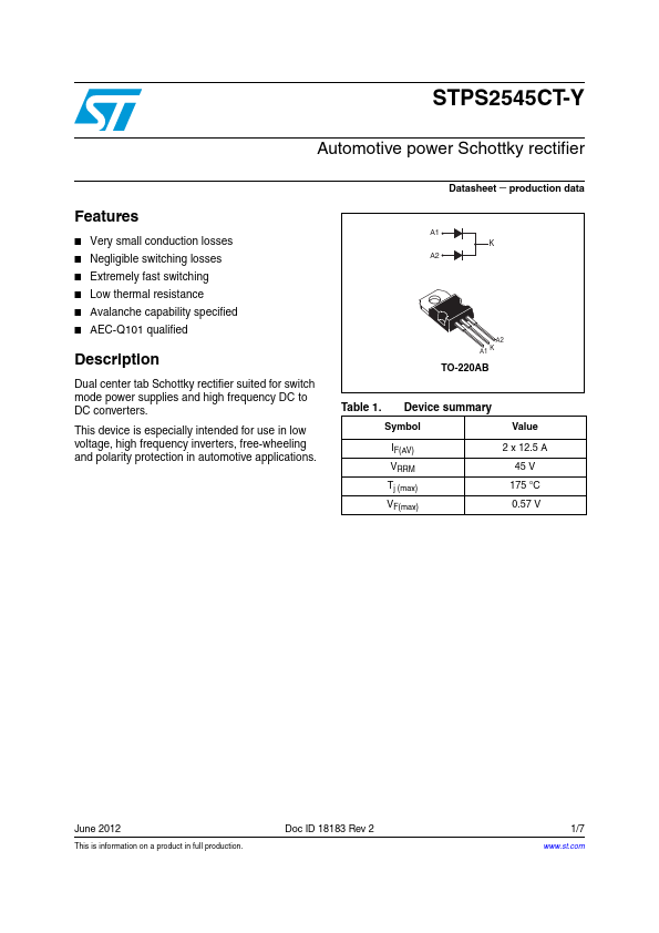 STPS2545CT-Y STMicroelectronics