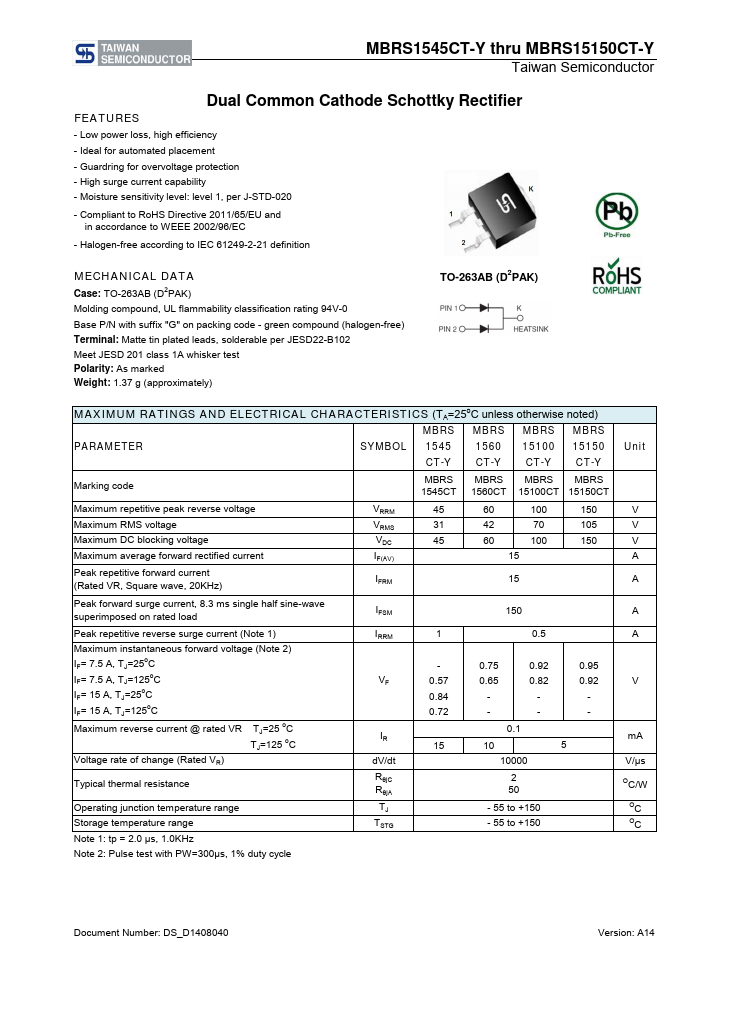 MBRS1545CT-Y Taiwan Semiconductor