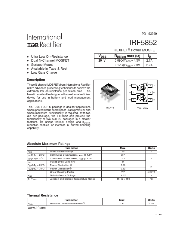 <?=IRF5852?> डेटा पत्रक पीडीएफ