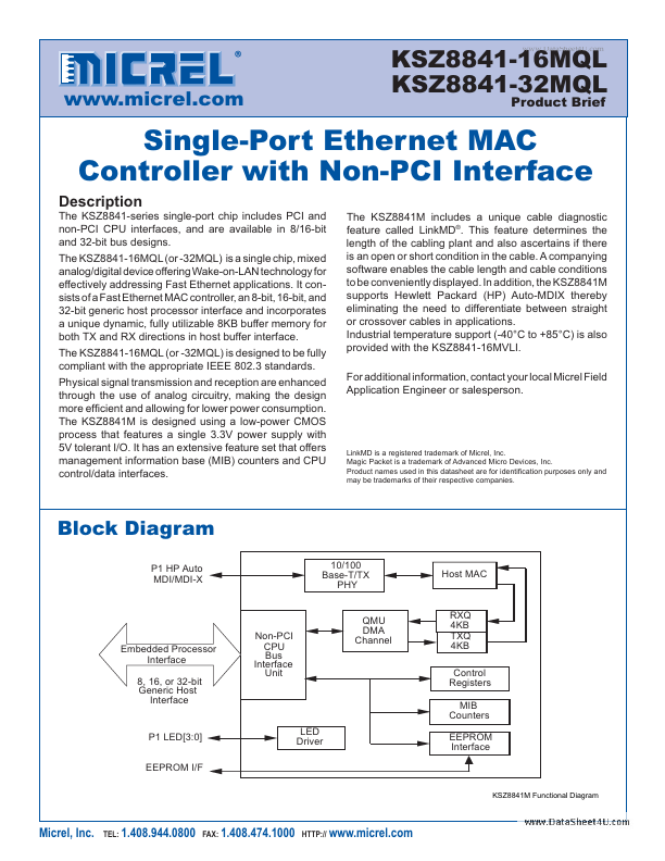 KSZ8841-16MQL Micrel Semiconductor