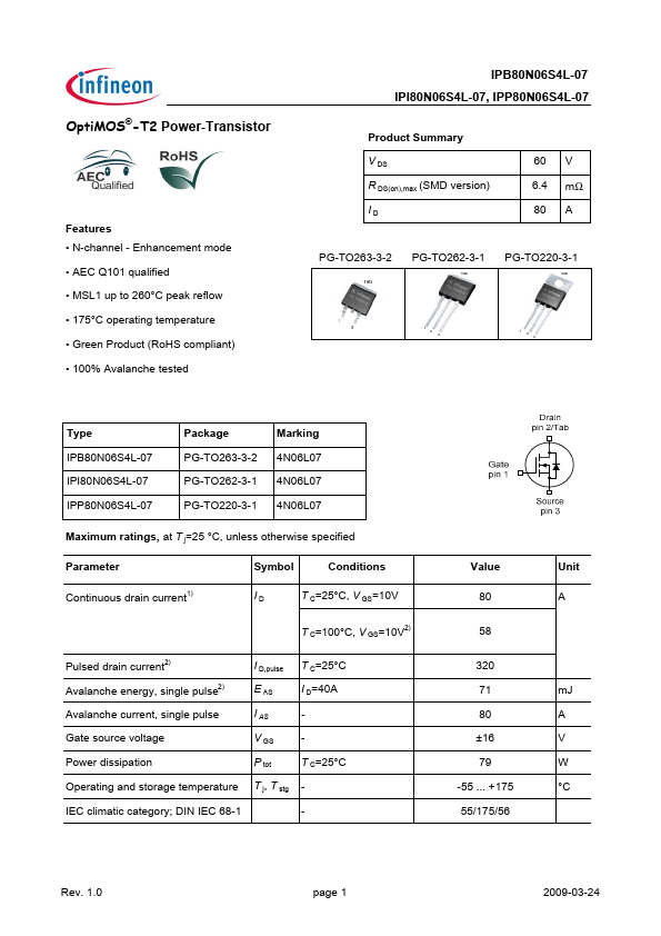 <?=IPP80N06S4L-07?> डेटा पत्रक पीडीएफ