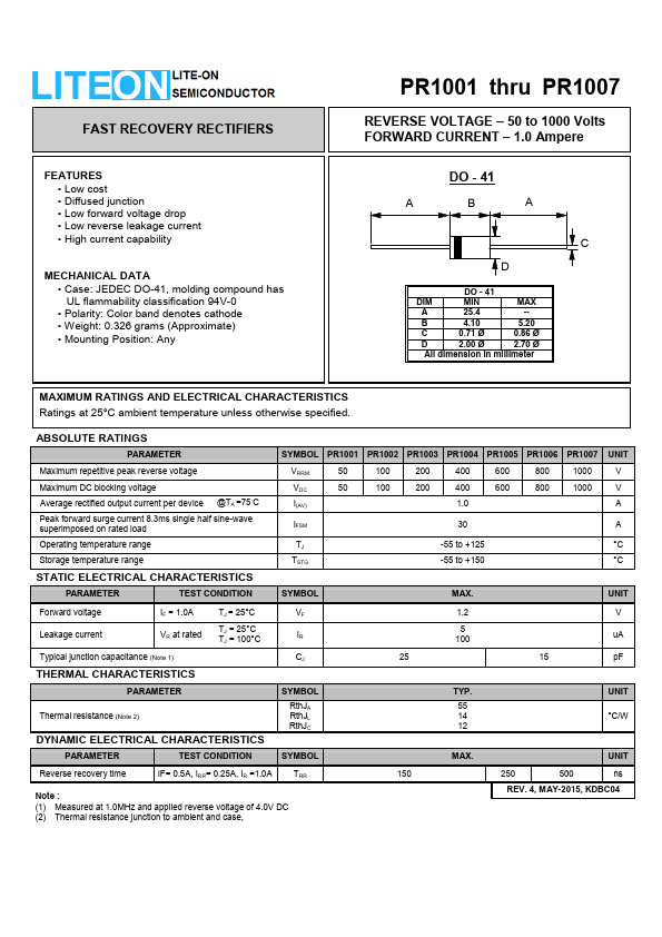 PR1007 RECTIFIERS Datasheet pdf - RECOVERY RECTIFIERS. Equivalent, Catalog