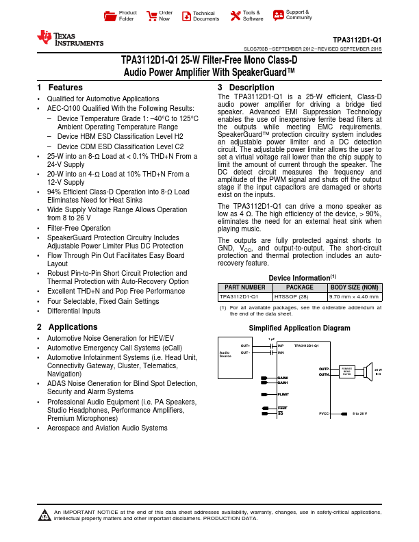 <?=TPA3112D1-Q1?> डेटा पत्रक पीडीएफ