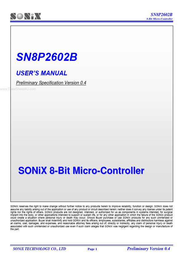 SN8P2602B SONiX Technology Company