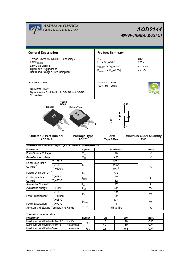 AOD2144 Alpha & Omega Semiconductors