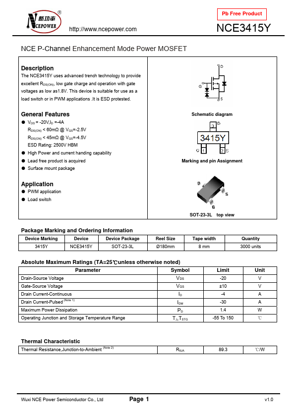 NCE3415Y NCE Power Semiconductor