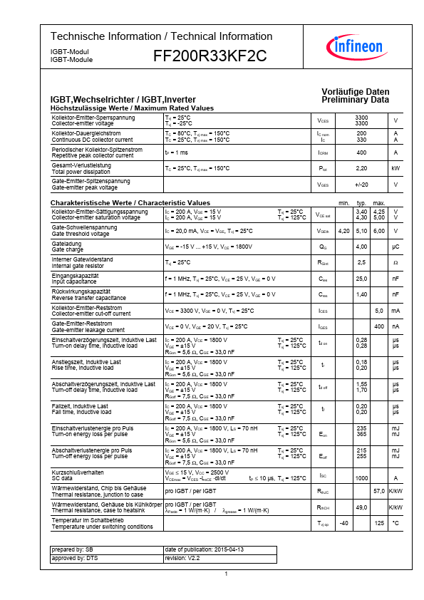 <?=FF200R33KF2C?> डेटा पत्रक पीडीएफ