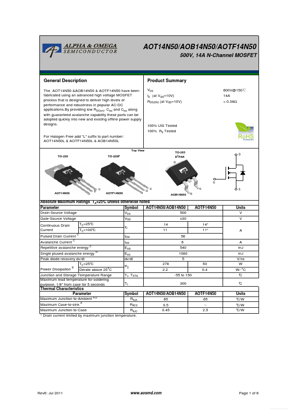 AOT14N50 Alpha & Omega Semiconductors