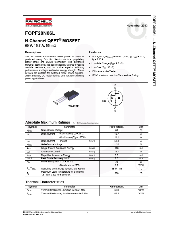 FQPF20N06L Fairchild Semiconductor