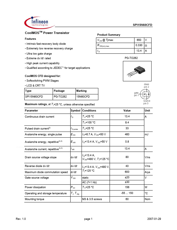 <?=SPI15N60CFD?> डेटा पत्रक पीडीएफ