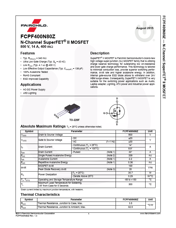 FCPF400N80Z