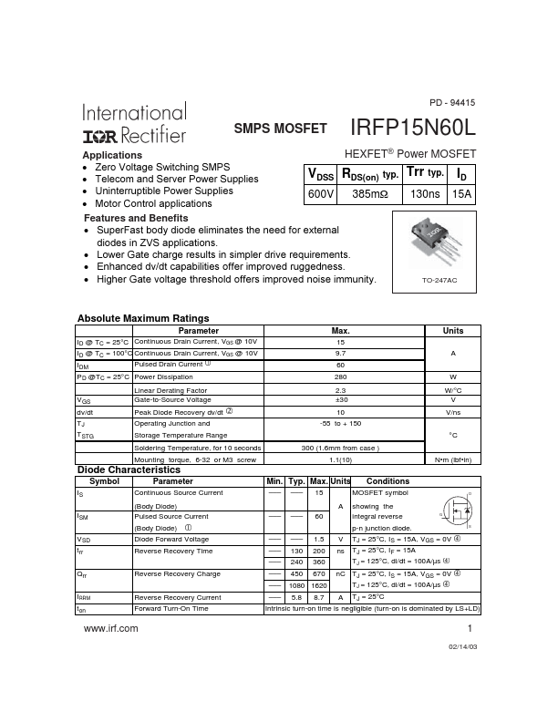 <?=IRFP15N60L?> डेटा पत्रक पीडीएफ