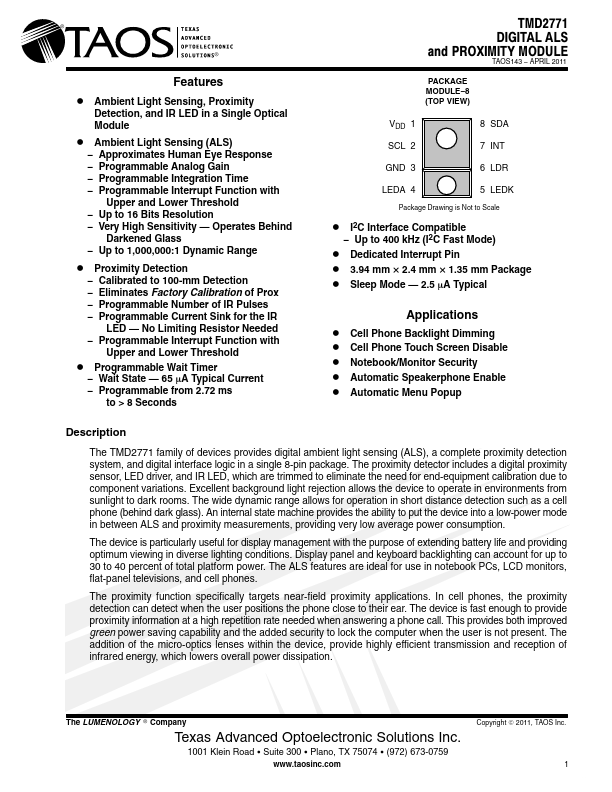 TMD2771 Texas Advanced Optoelectronic Solutions