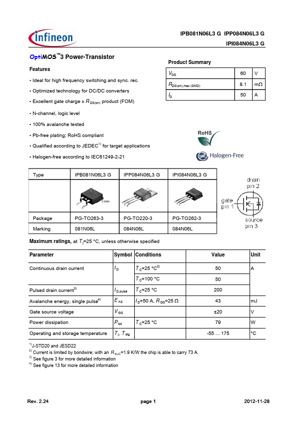 IPP084N06L3G Infineon Technologies
