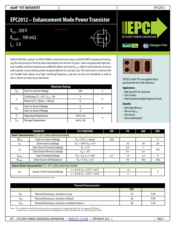 <?=EPC2012?> डेटा पत्रक पीडीएफ