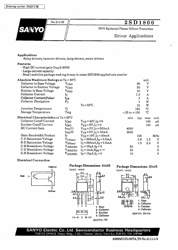 2SD1800 Sanyo Semicon Device