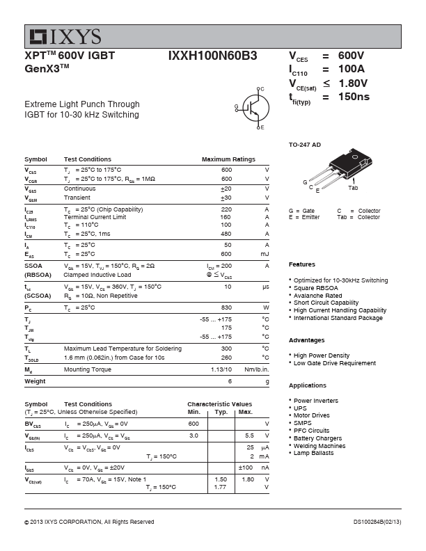 <?=IXXH100N60B3?> डेटा पत्रक पीडीएफ