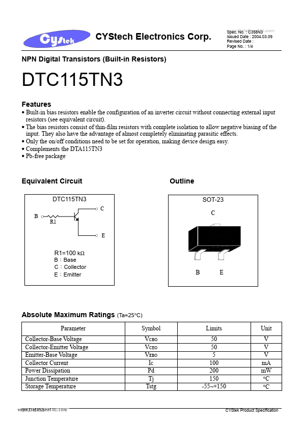DTC115TN3 Cystech Electonics