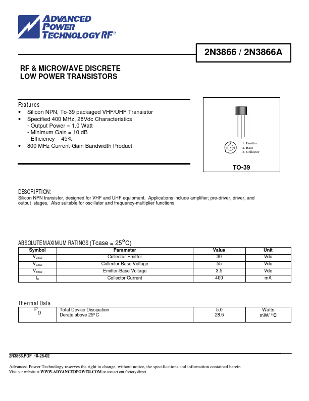 2N3866 Advanced Power Technology