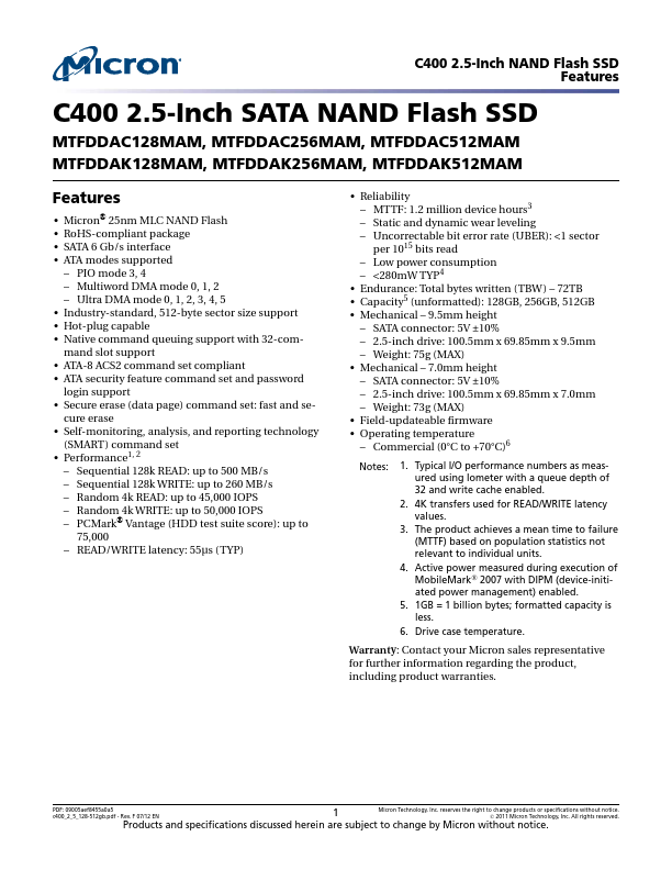 MTFDDAK128MAM Datasheet | C400 2.5-Inch SATA NAND Flash SSD