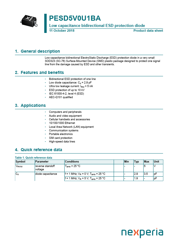 PESD5V0U1BA nexperia