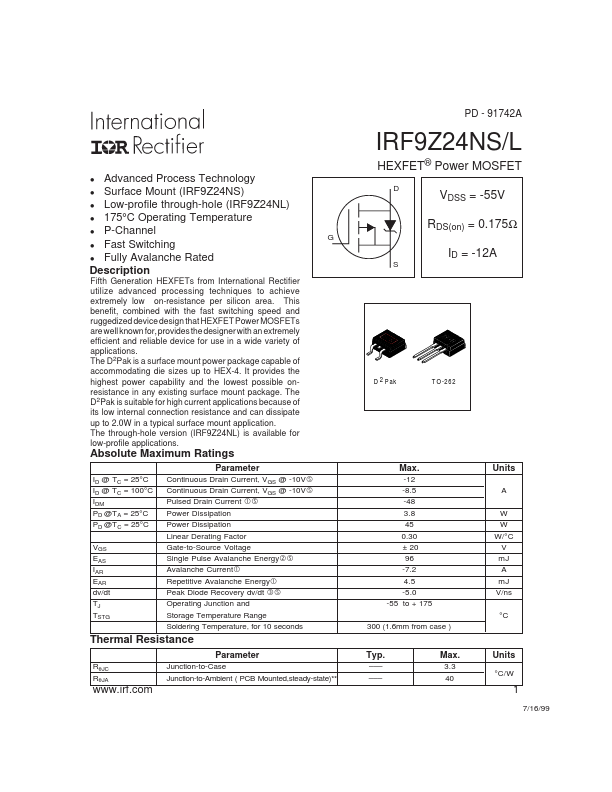 IRF9Z24NL International Rectifier