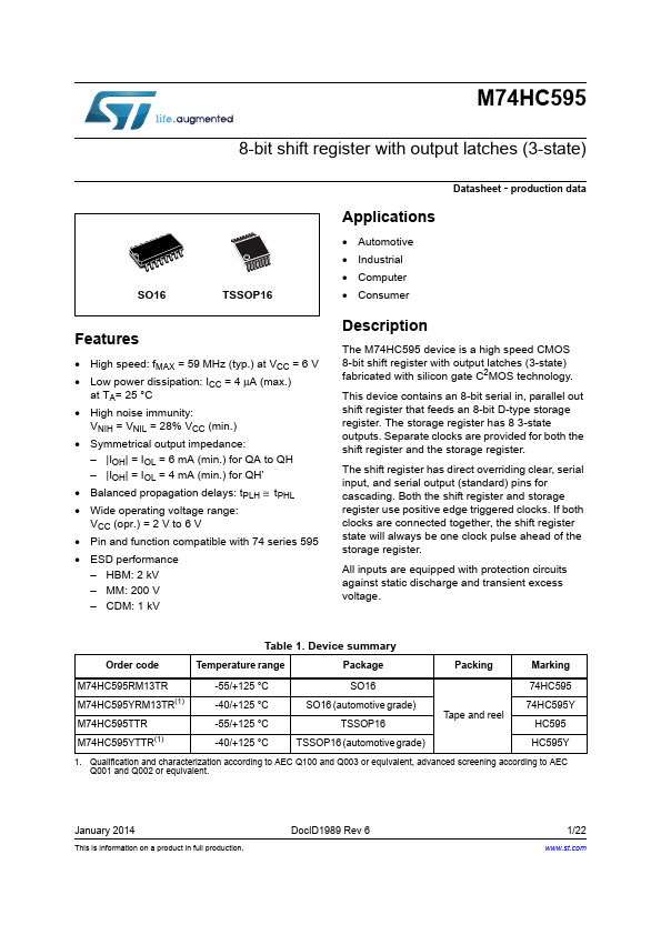 M74HC595 ST Microelectronics