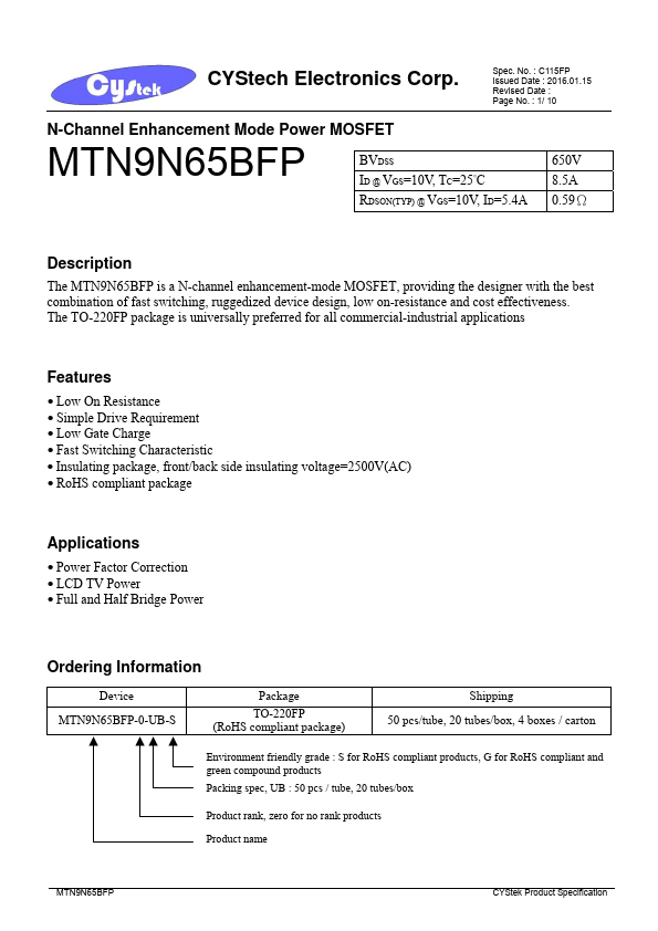 <?=MTN9N65BFP?> डेटा पत्रक पीडीएफ